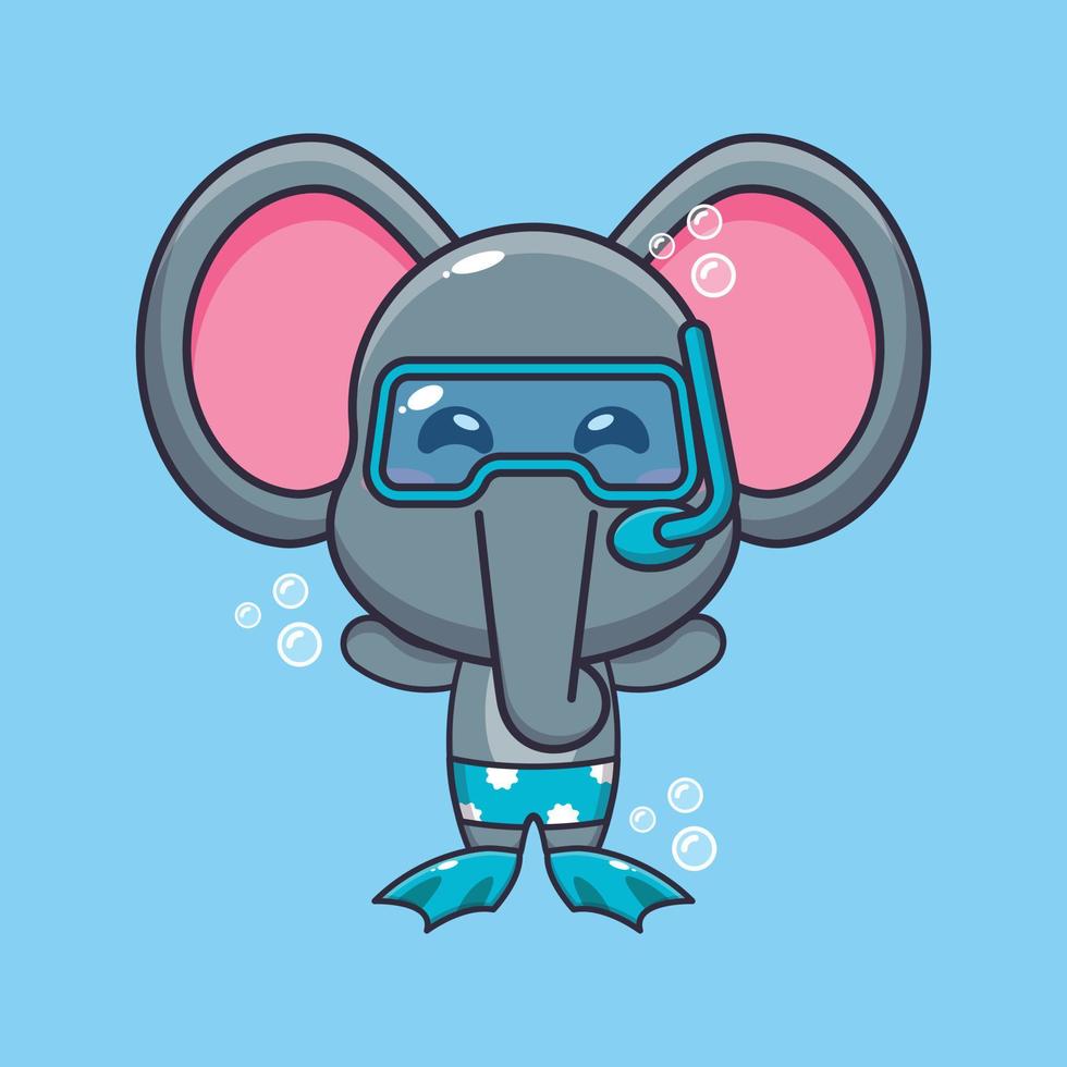 Cute elephant diving cartoon mascot character illustration vector