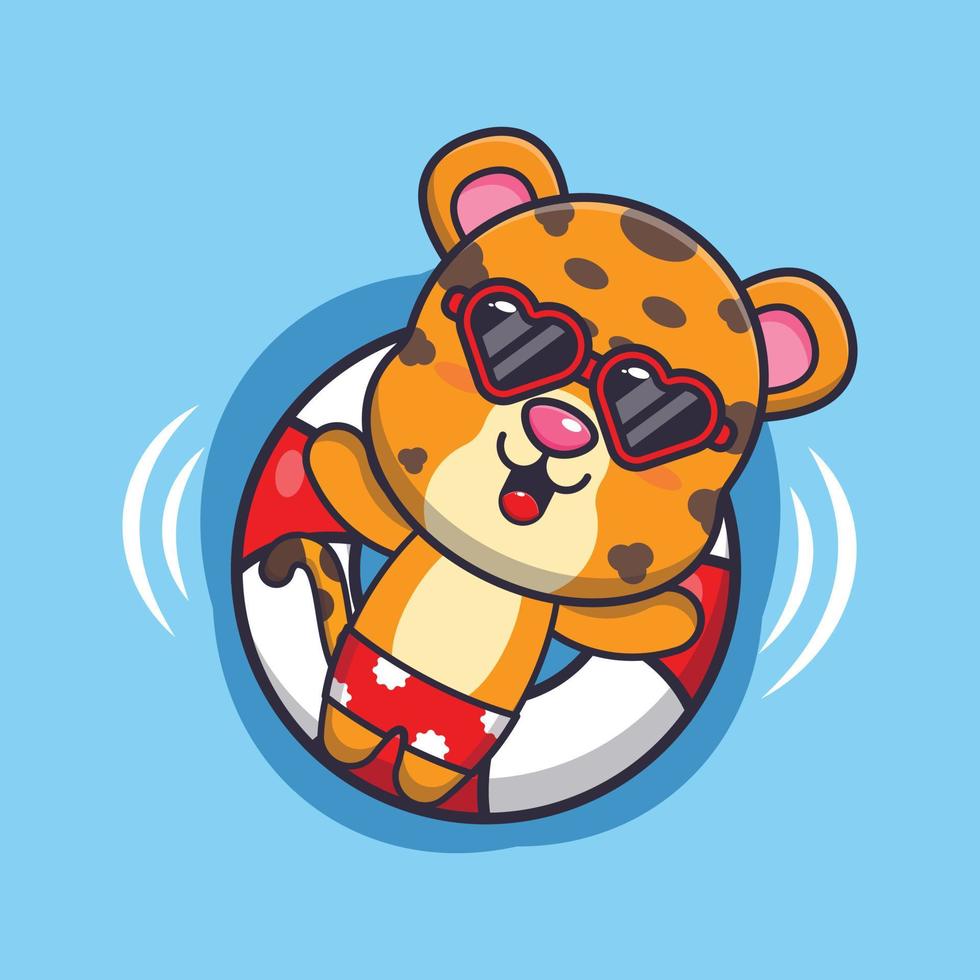 Cute leopard in sunglasses float with buoy cartoon illustration. vector