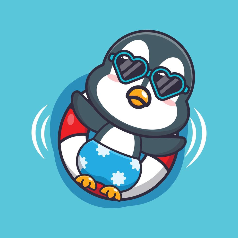 Cute penguin in sunglasses float with buoy cartoon illustration. vector