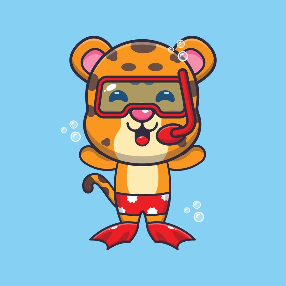 Cute leopard diving cartoon mascot character illustration. vector