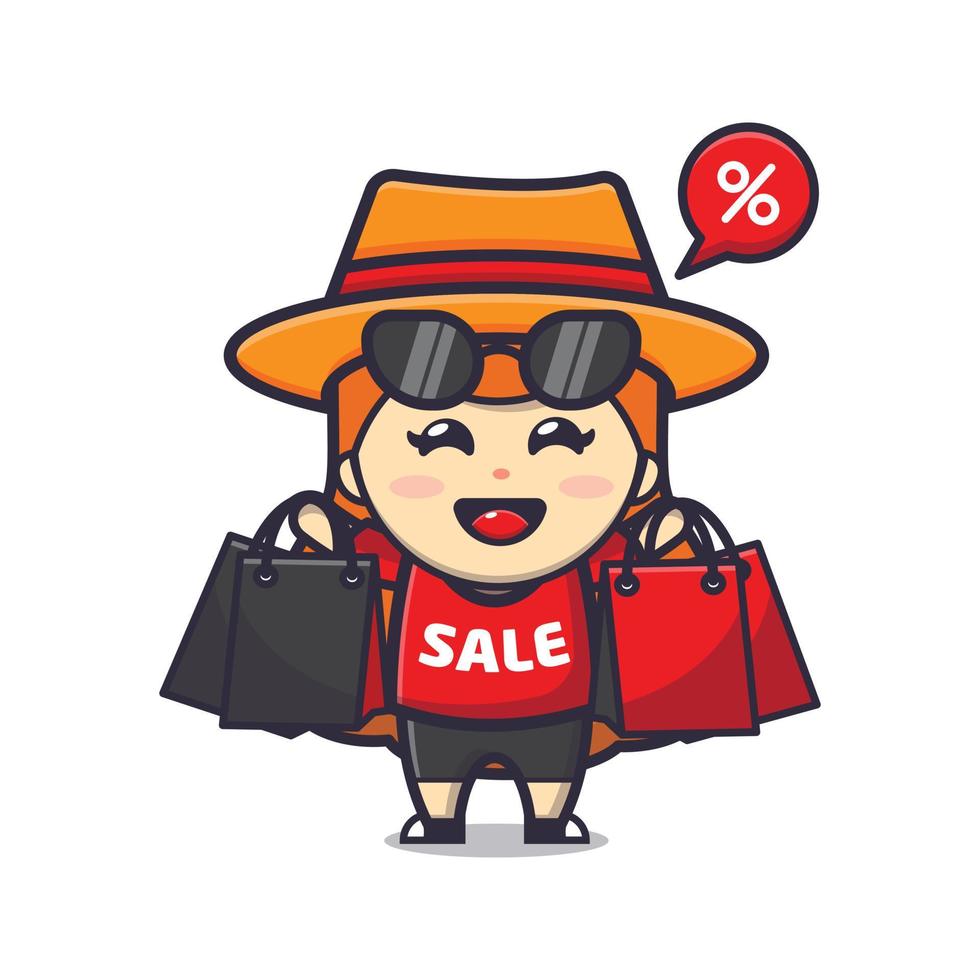 cute girl with sunglasses in black friday sale cartoon mascot illustration vector