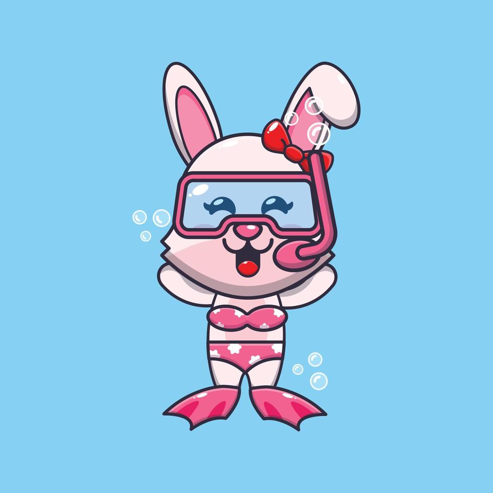 Cute bunny diving cartoon mascot character illustration. vector