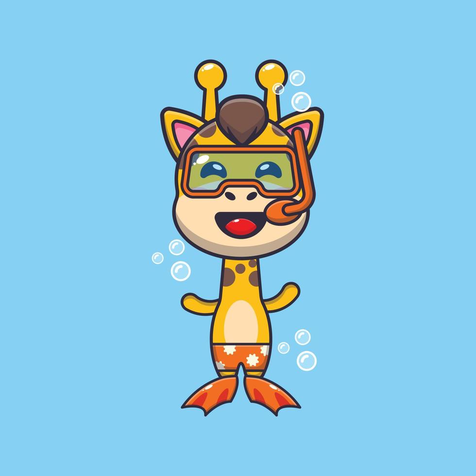 Cute giraffe diving cartoon mascot character illustration vector