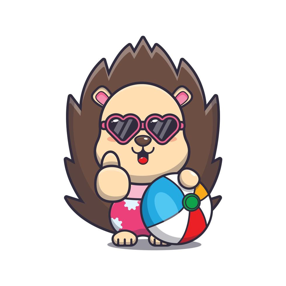 Cute hedgehog in sunglasses with beach ball cartoon illustration. vector