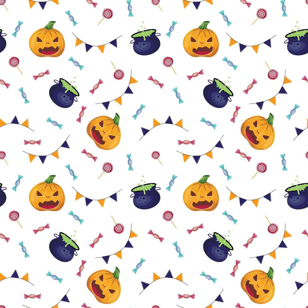 Seamless pattern with carved pumpkin, sweets and cauldron with boiling poison. vector