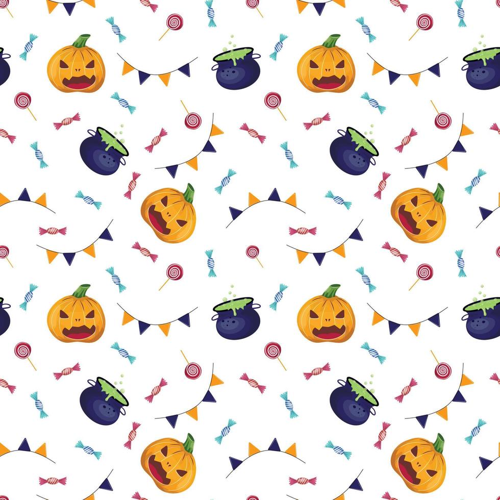 Seamless pattern with carved pumpkin, sweets and cauldron with boiling poison. vector