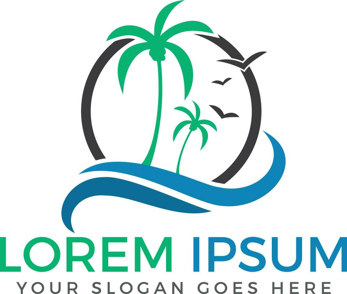 Beach and palm tree vector logo. Travel and tourism sign.