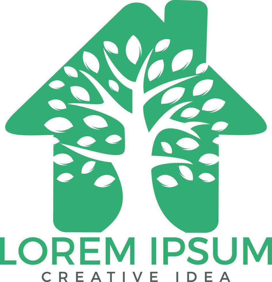 Simple vector tree with brunches and leaves. Alternative medicine logo. Home shaped sign.