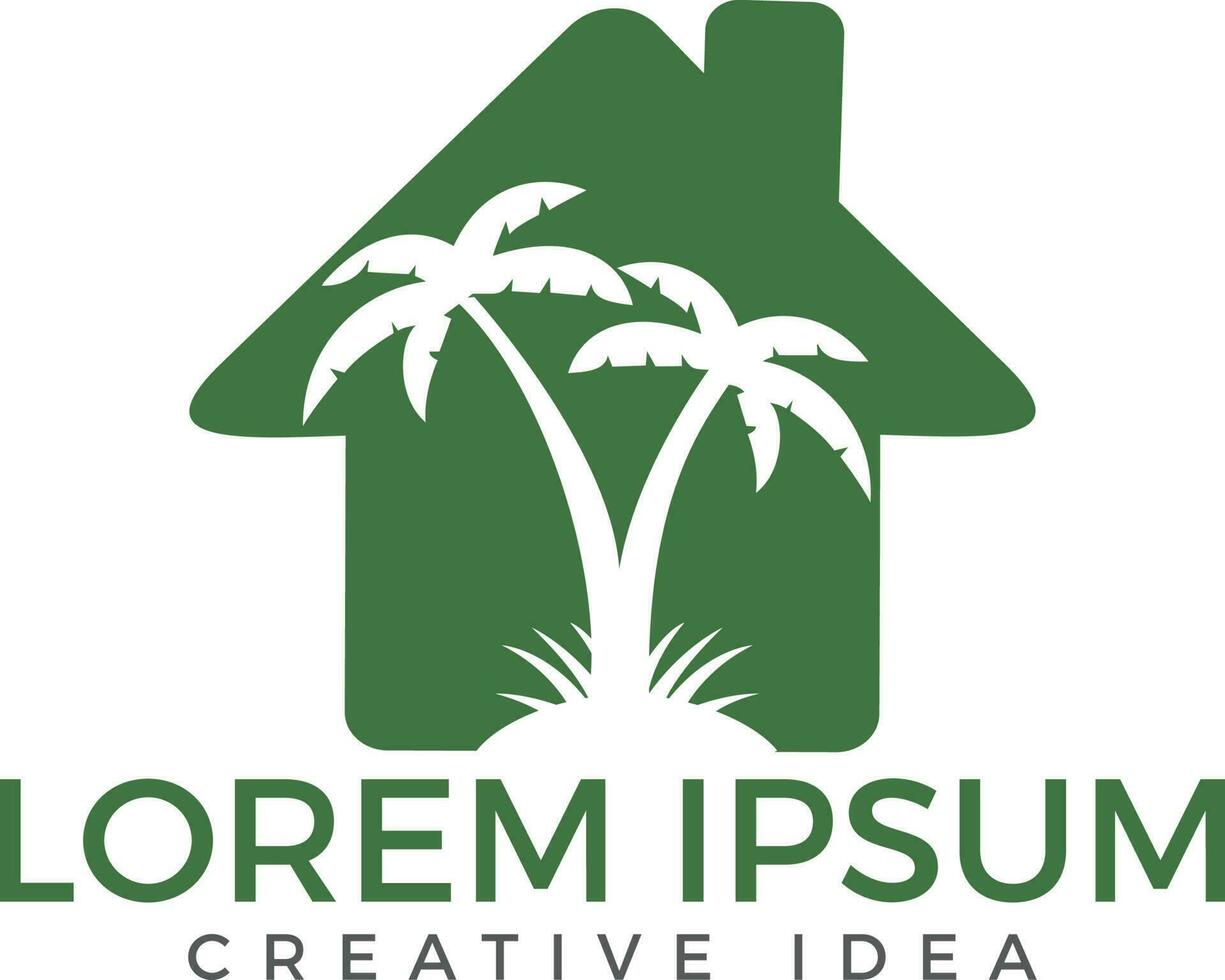 Vector house and palm tree logo. Beach house logo design.