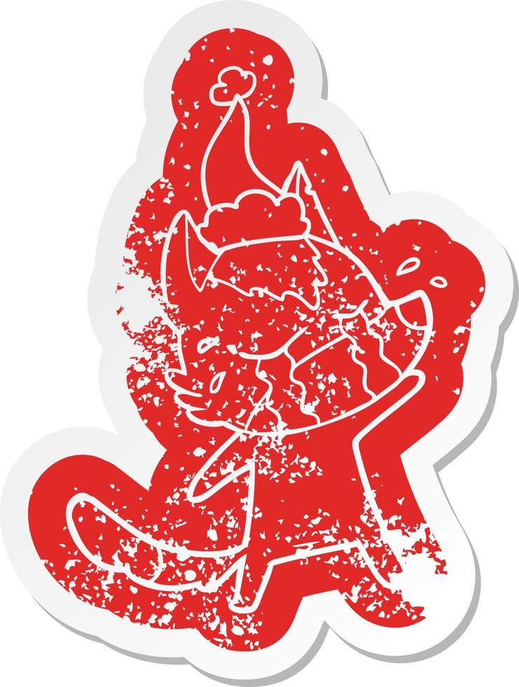 cartoon distressed sticker of a crying wolf wearing santa hat vector