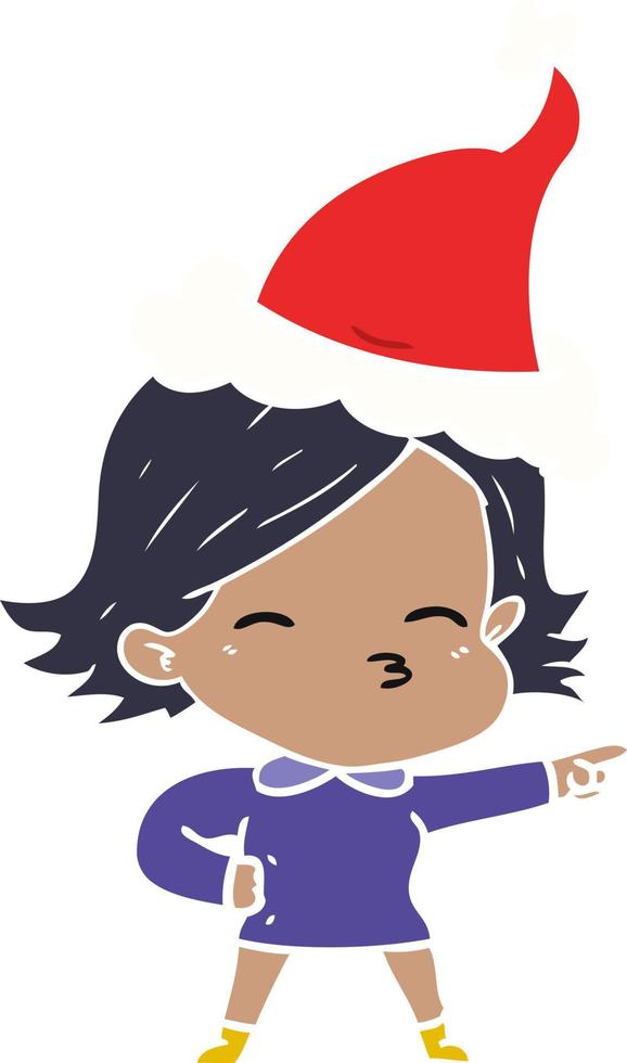 flat color illustration of a woman pointing wearing santa hat vector