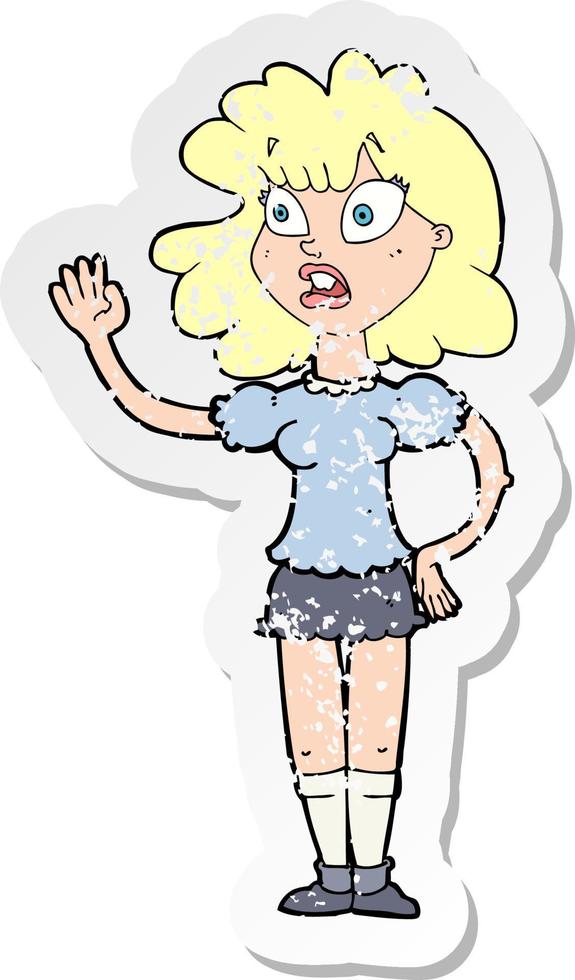 retro distressed sticker of a cartoon worried woman waving vector