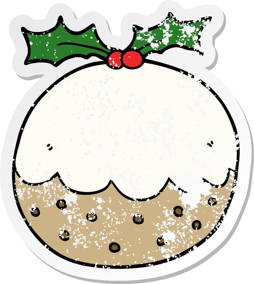 distressed sticker of a cartoon christmas pudding vector