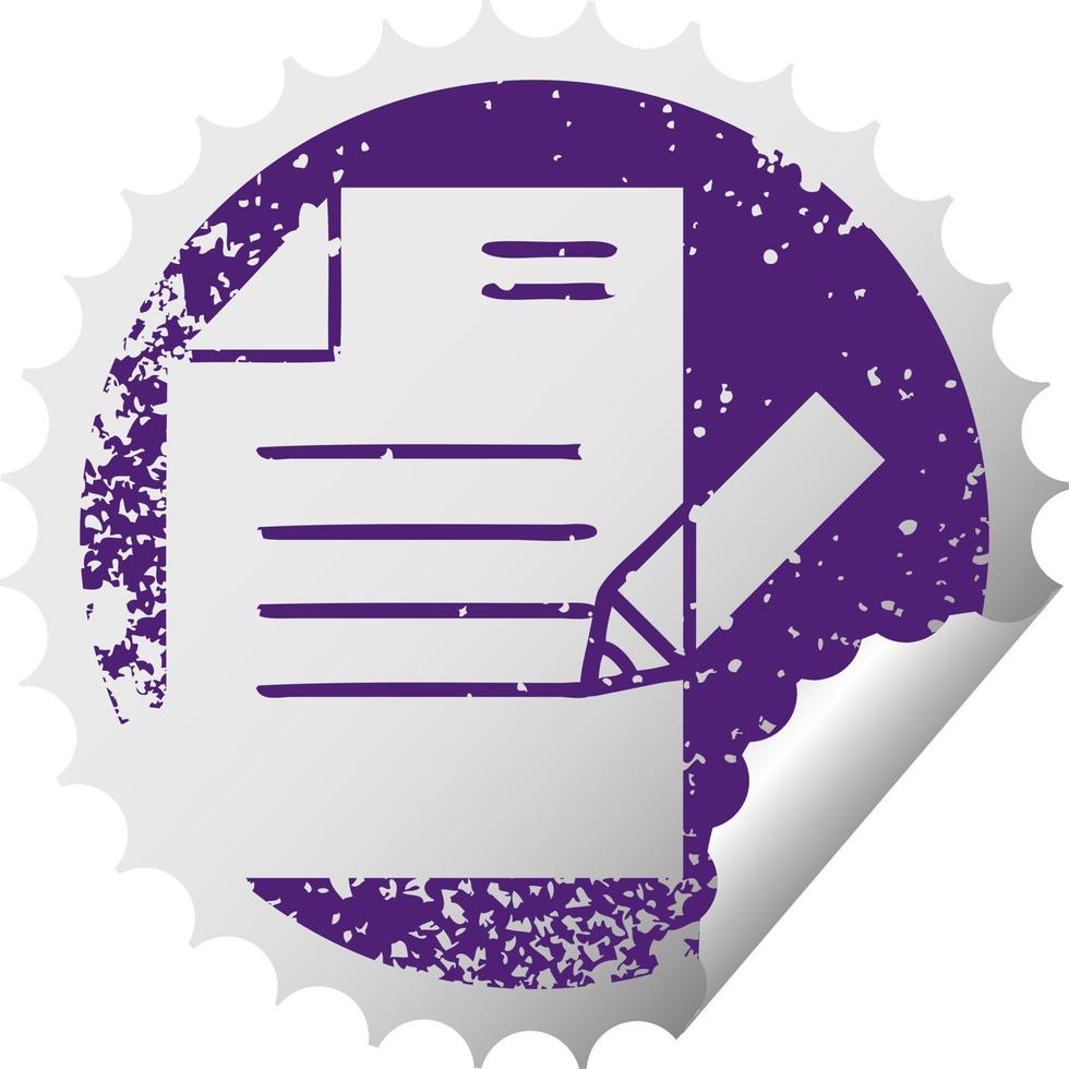 distressed circular peeling sticker symbol of writing a document vector