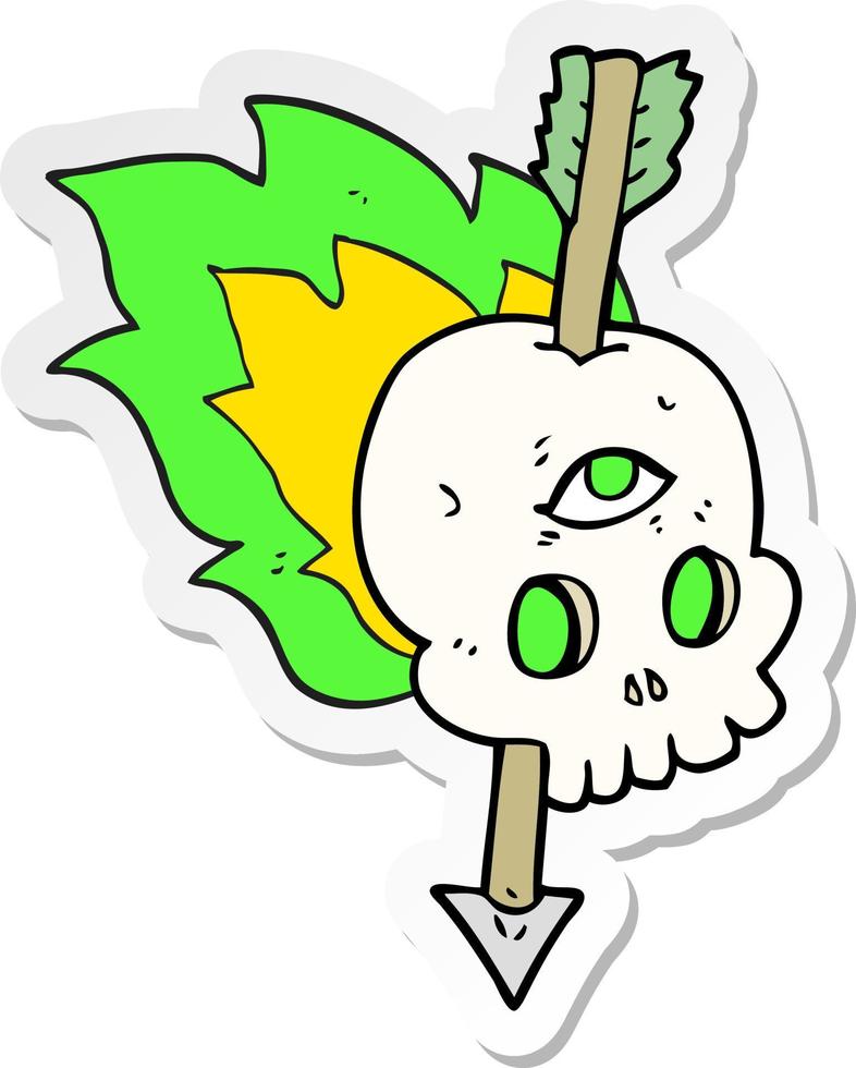 sticker of a cartoon magic skull with arrow through brain vector