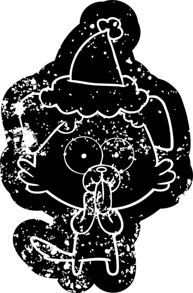 cartoon distressed icon of a dog with tongue sticking out wearing santa hat vector