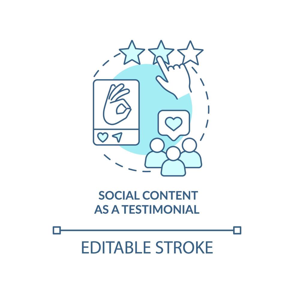 Social content as testimonial turquoise concept icon. Embedded media use abstract idea thin line illustration. Isolated outline drawing. Editable stroke. vector