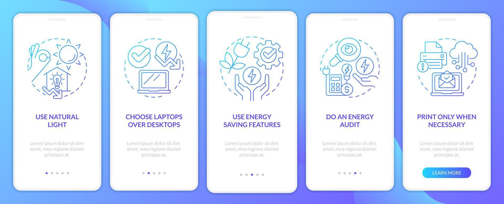 eficiencia energética en el trabajo pantalla de aplicación móvil de incorporación de degradado azul. Instrucciones gráficas de 5 pasos con conceptos lineales. interfaz de usuario, ux, plantilla de interfaz gráfica de usuario. vector