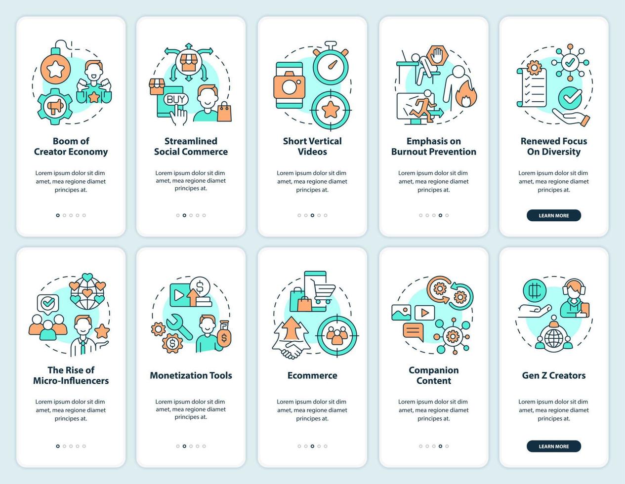 conjunto de pantallas de aplicación móvil de incorporación de la economía del creador. tutorial de tendencias de redes sociales 5 pasos instrucciones gráficas editables con conceptos lineales. interfaz de usuario, ux, plantilla de interfaz gráfica de usuario. vector