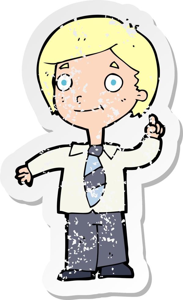 retro distressed sticker of a cartoon school boy answering question vector