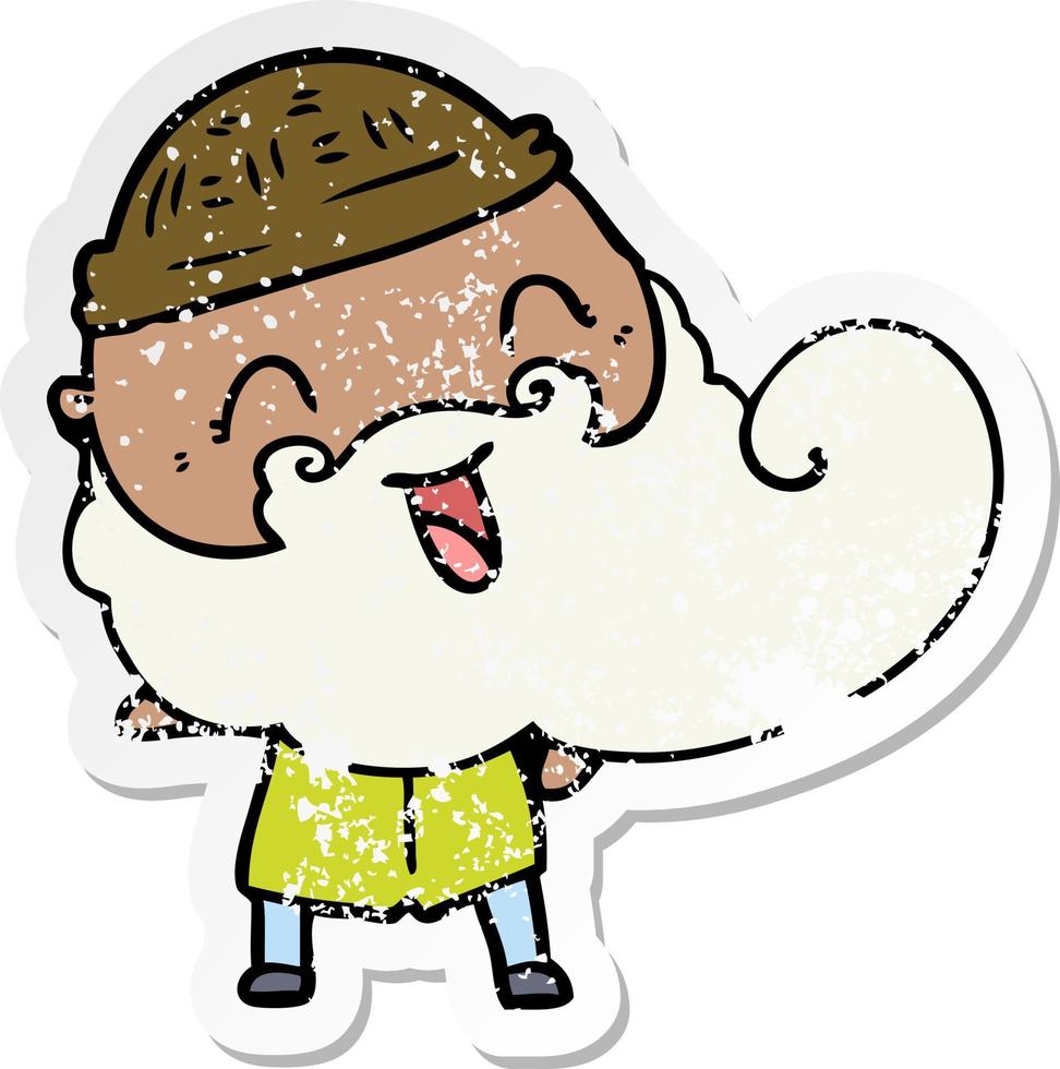 distressed sticker of a happy man with beard and winter hat vector