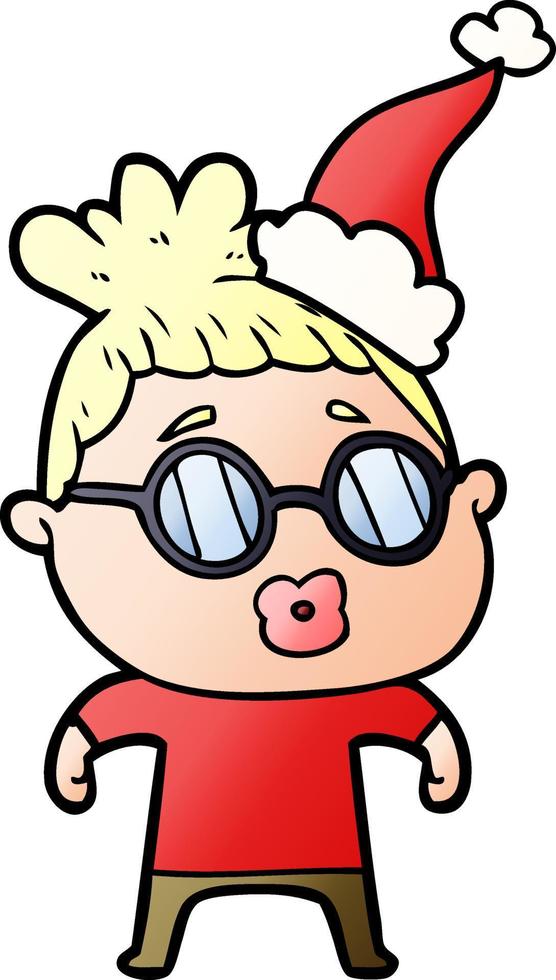 gradient cartoon of a woman wearing spectacles wearing santa hat vector