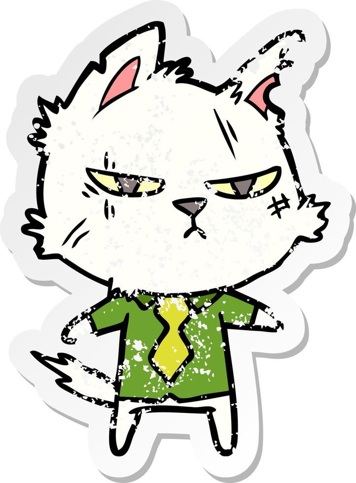pegatina angustiada de un duro gato de dibujos animados con camisa y corbata vector