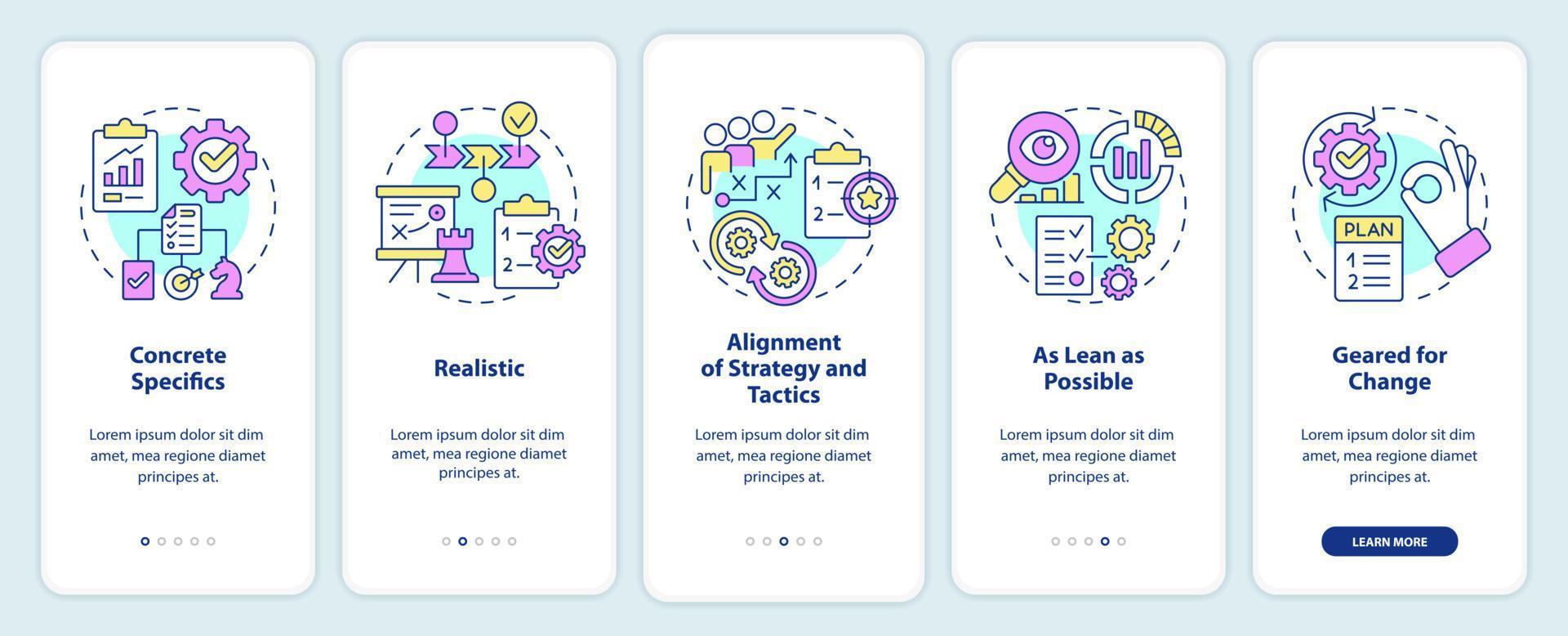 elementos clave del plan de negocios que incorporan la pantalla de la aplicación móvil. tutorial de estrategia 5 pasos instrucciones gráficas editables con conceptos lineales. interfaz de usuario, ux, plantilla de interfaz gráfica de usuario. vector