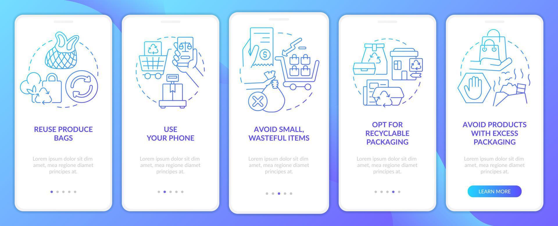 Sustainable shopping practice blue gradient onboarding mobile app screen. Walkthrough 5 steps graphic instructions with linear concepts. UI, UX, GUI template. vector