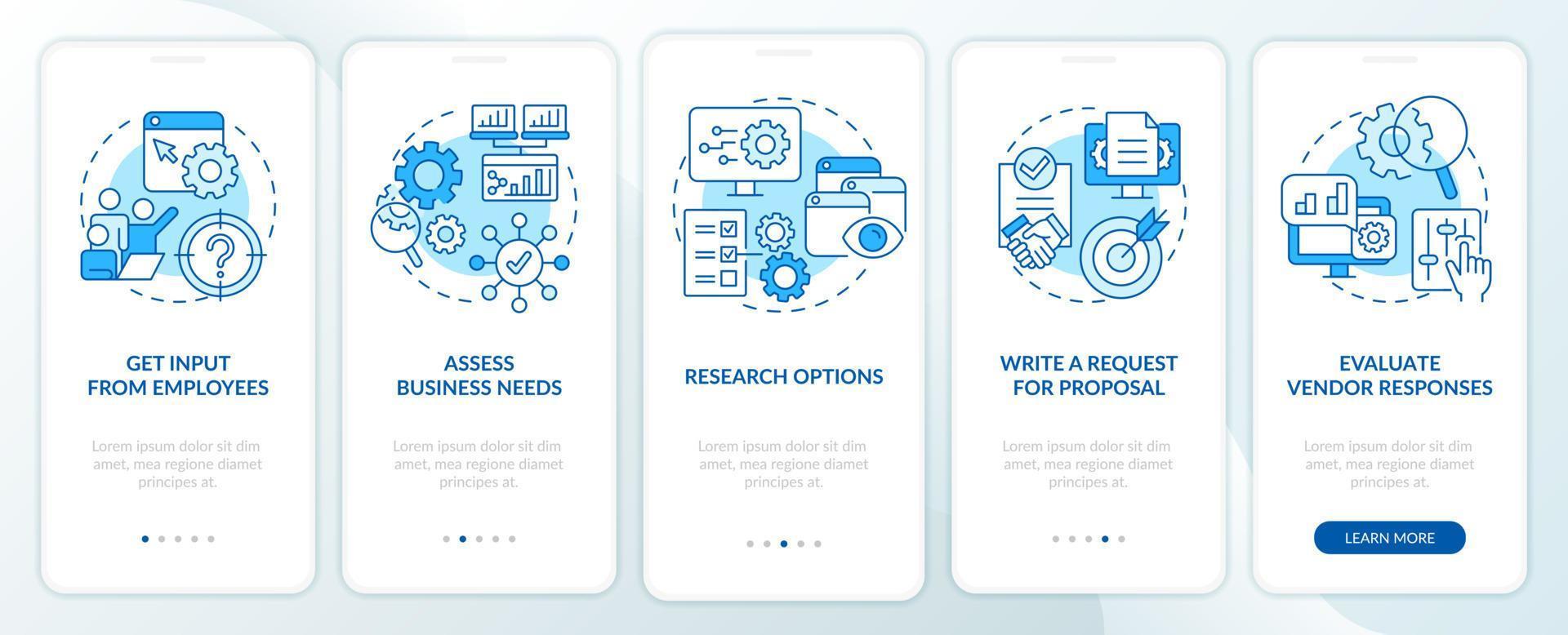 Selecting best CMS blue onboarding mobile app screen. Write request walkthrough 5 steps editable graphic instructions with linear concepts. UI, UX, GUI template. vector