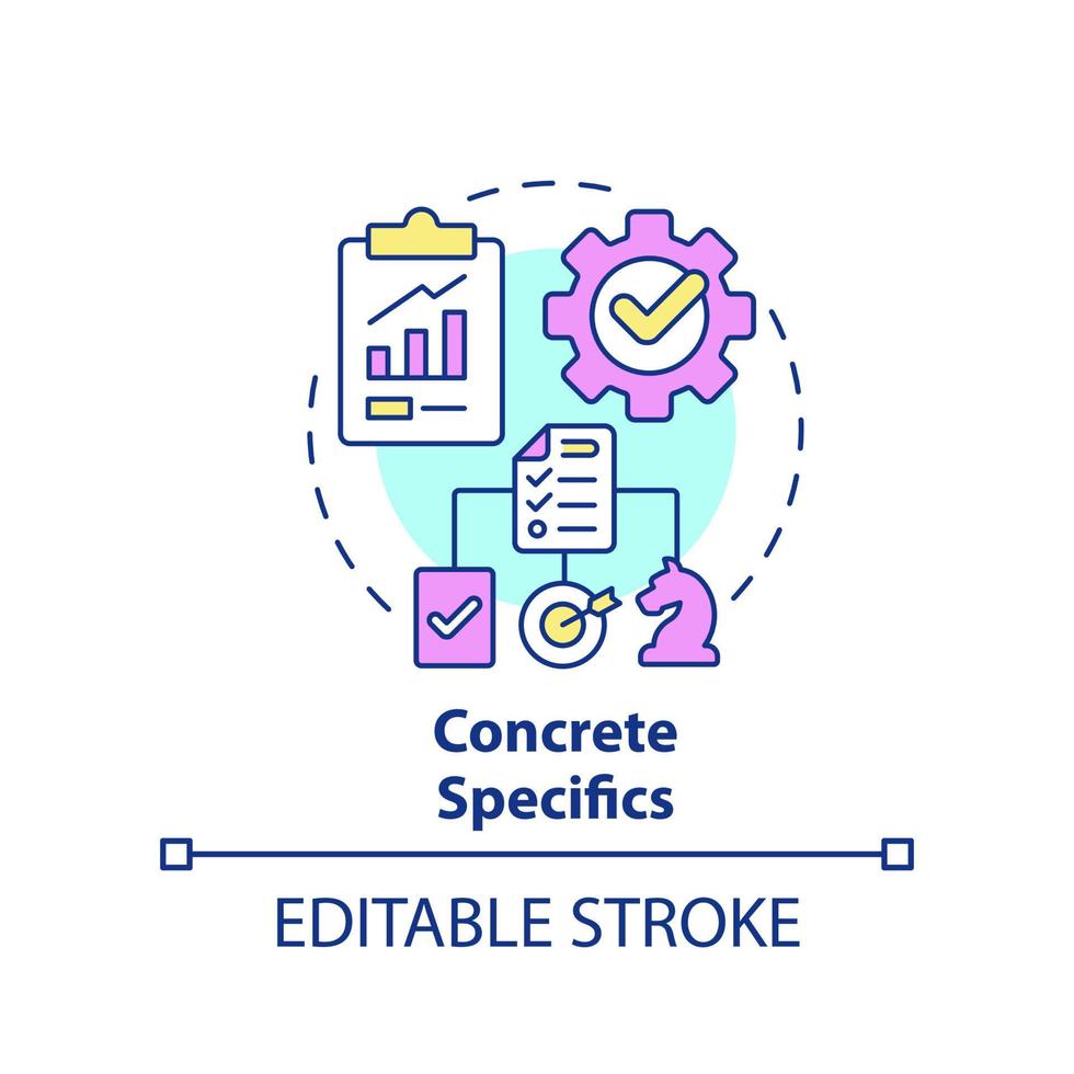 icono de concepto de especificaciones concretas. detalles de la estrategia. elemento clave del plan de negocios idea abstracta ilustración de línea delgada. dibujo de contorno aislado. trazo editable. vector