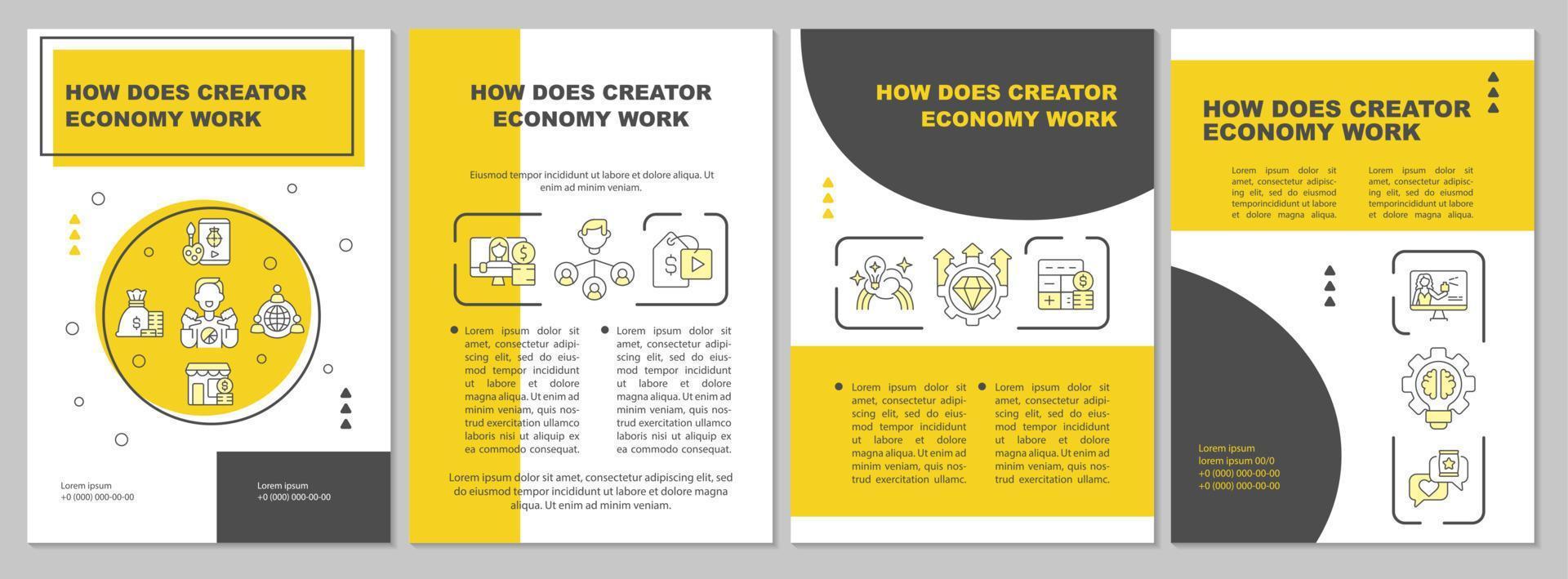 How does creator economy work yellow brochure template. Leaflet design with linear icons. Editable 4 vector layouts for presentation, annual reports.