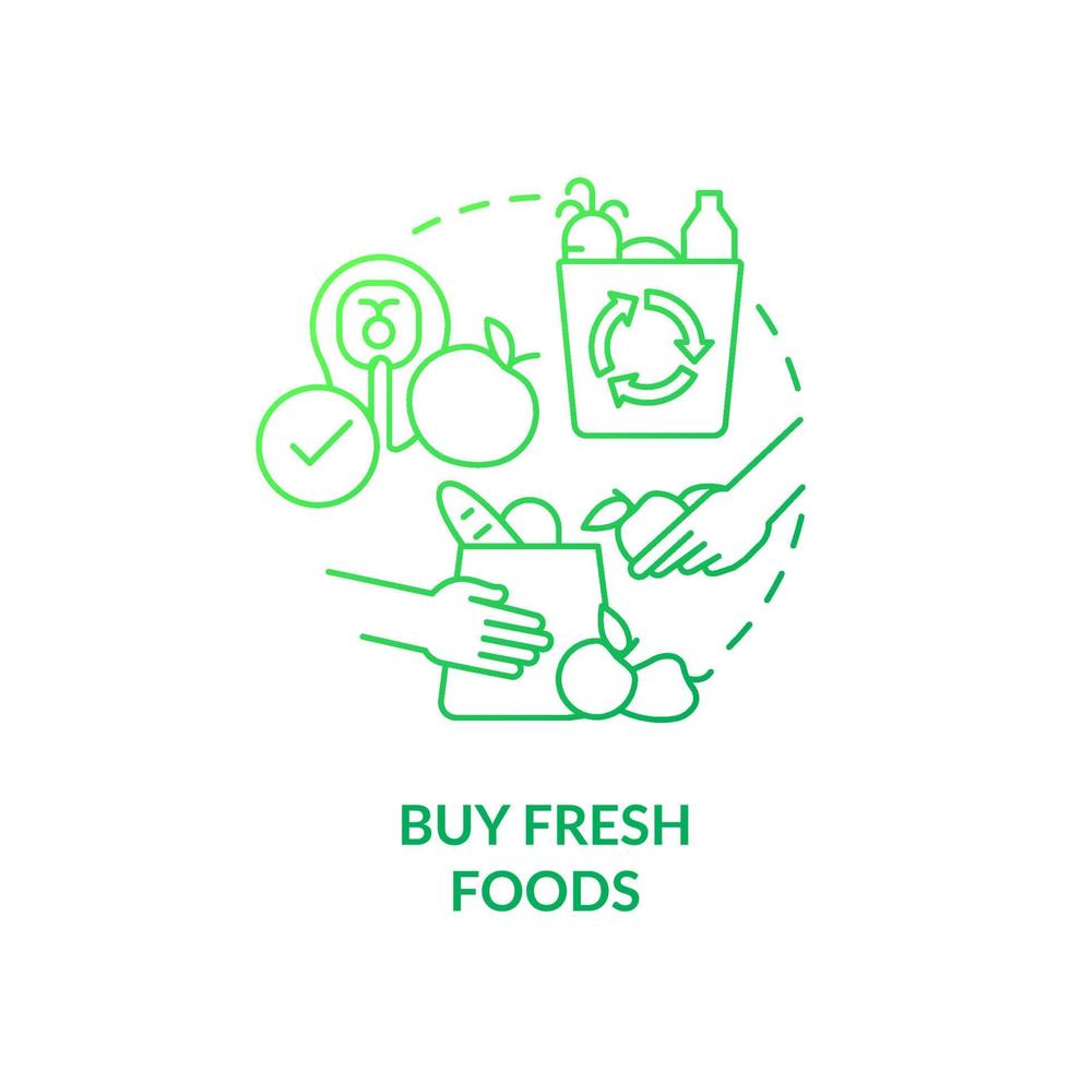 Buy fresh foods green gradient concept icon. Switching to zero-waste lifestyle abstract idea thin line illustration. Purchase groceries. Isolated outline drawing. vector