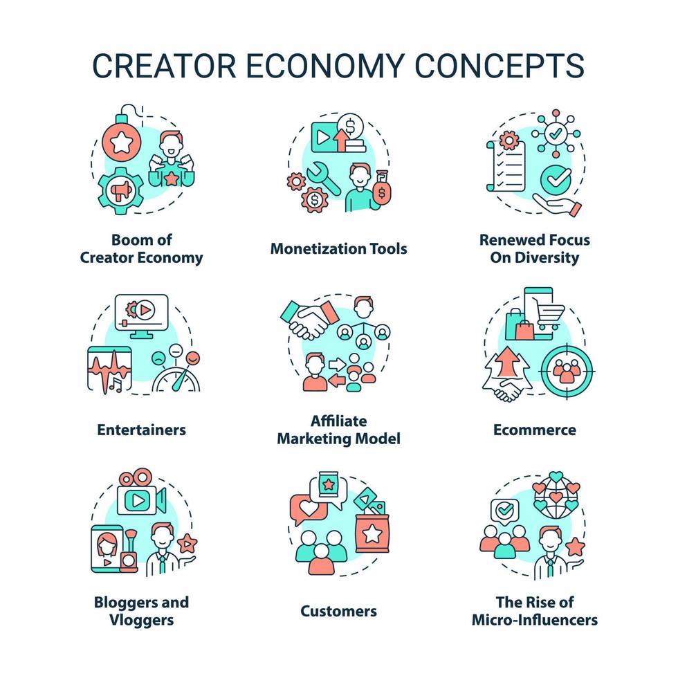 Creator economy concept icons set. Content maker. Digital marketing. E commerce idea thin line color illustrations. Isolated symbols. Editable stroke. vector