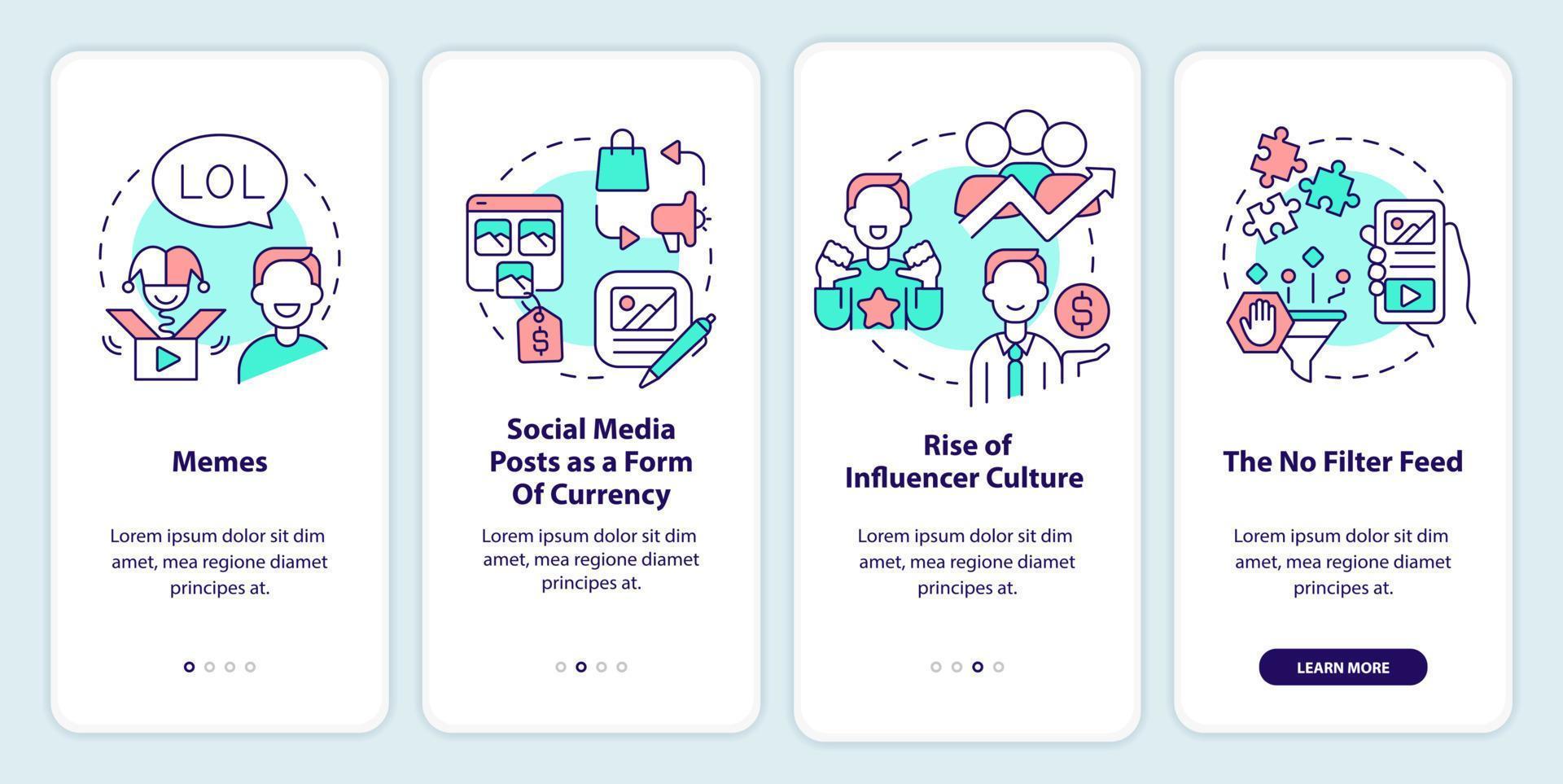 Social media tendencies onboarding mobile app screen. Walkthrough 4 steps editable graphic instructions with linear concepts. UI, UX, GUI template. vector