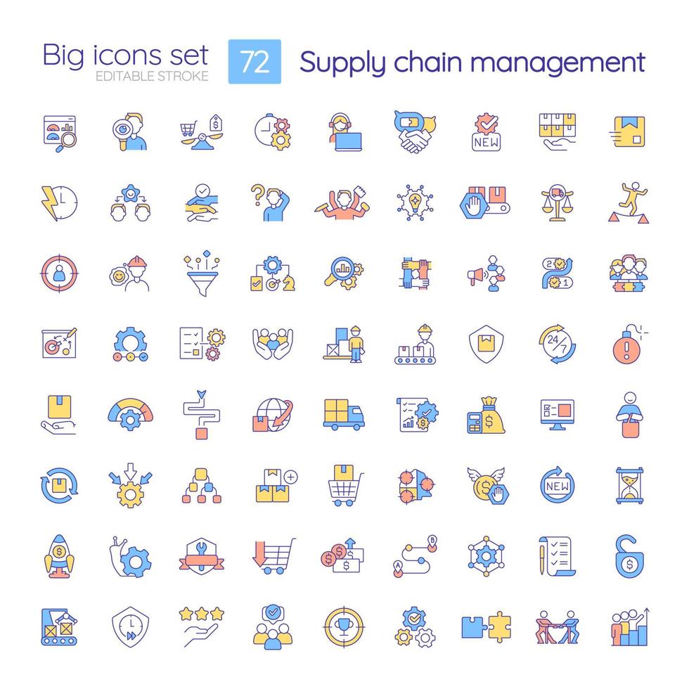 Supply chain management RGB color icons set. Production and logistics. Isolated vector illustrations. Simple filled line drawings collection. Editable stroke.