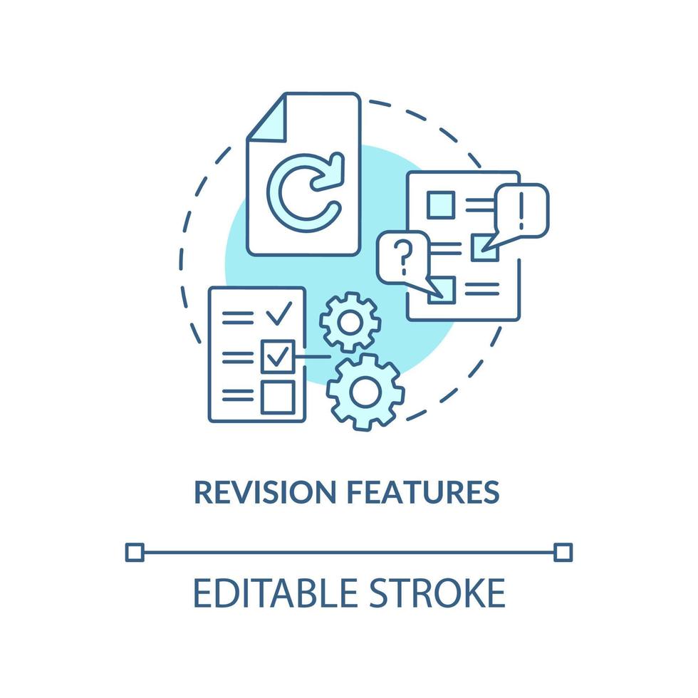 Revision features turquoise concept icon. Key CMS characteristic abstract idea thin line illustration. Media items. Isolated outline drawing. Editable stroke. vector