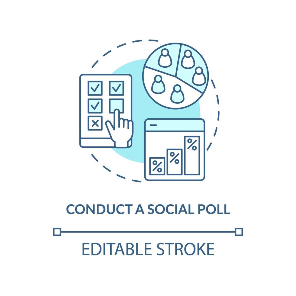 Conduct social poll turquoise concept icon. Media embeddedness use method abstract idea thin line illustration. Isolated outline drawing. Editable stroke. vector
