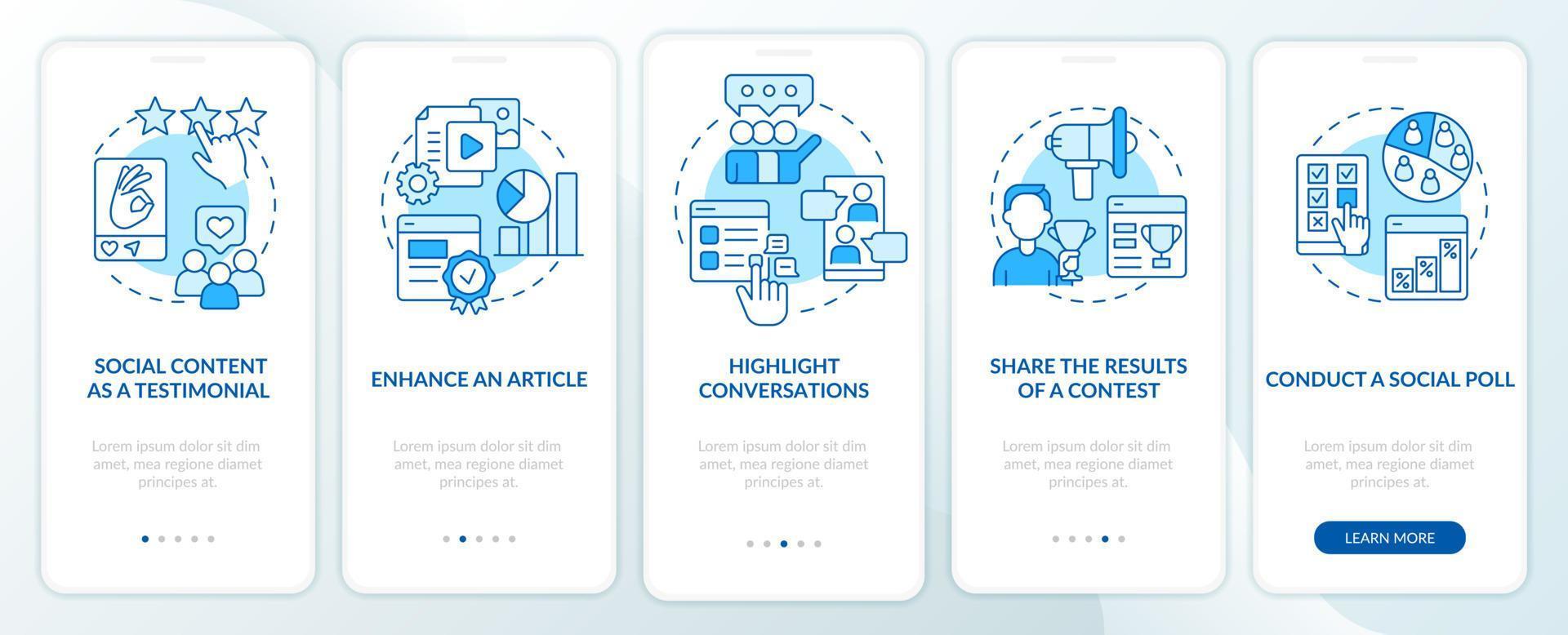 Media embeddedness use methods blue onboarding mobile app screen. Walkthrough 5 steps editable graphic instructions with linear concepts. UI, UX, GUI template. vector