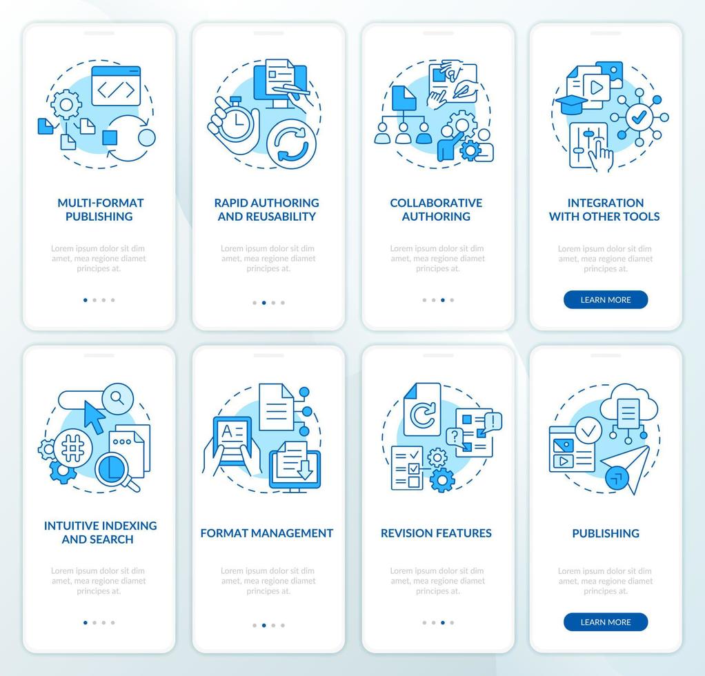 LCMS and CMS features blue onboarding mobile app screen set. Walkthrough 4 steps editable graphic instructions with linear concepts. UI, UX, GUI template. vector