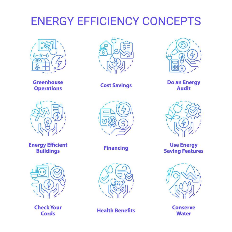 Energy efficiency blue gradient concept icons set. Electricity and power conservation. Sustainability idea thin line color illustrations. Isolated symbols. vector