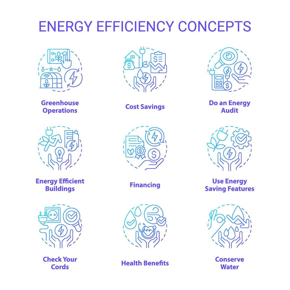 conjunto de iconos de concepto de gradiente azul de eficiencia energética. electricidad y conservación de energía. idea de sostenibilidad ilustraciones en color de línea delgada. símbolos aislados. vector