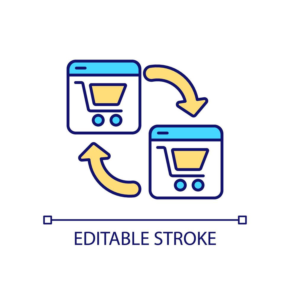 Webpages transition RGB color icon. Online marketplace and store. Ecommerce. Internet marketing. Isolated vector illustration. Simple filled line drawing. Editable stroke.