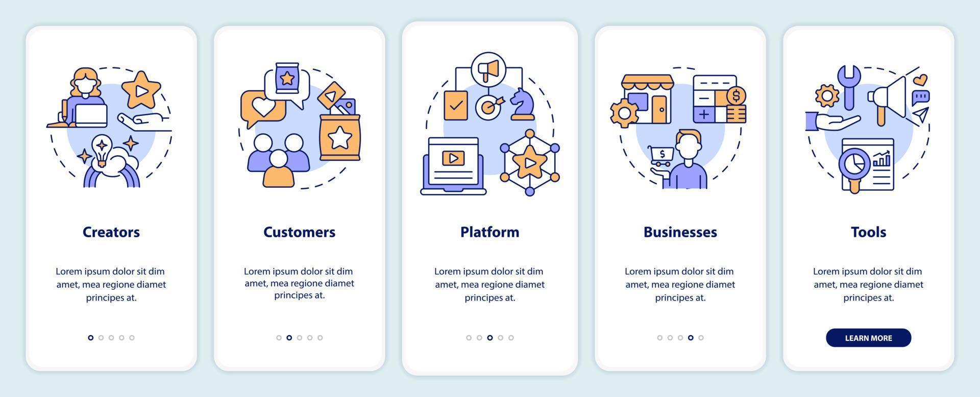 Creator economy stakeholders onboarding mobile app screen. Walkthrough 5 steps editable graphic instructions with linear concepts. UI, UX, GUI template. vector