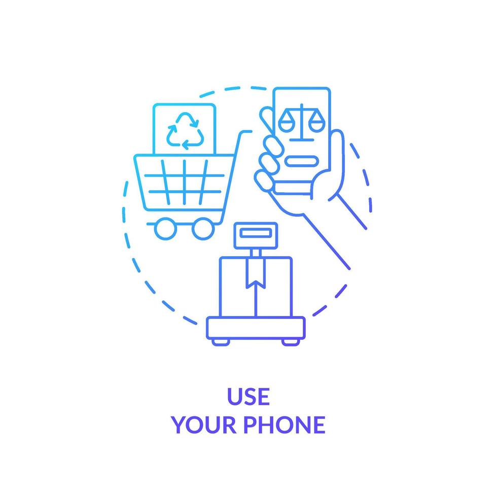 utilice el icono de concepto de degradado azul del teléfono. reduzca el desperdicio mientras compra ilustración de línea delgada de idea abstracta. registrar los pesos de los contenedores. aplicaciones para teléfonos inteligentes. dibujo de contorno aislado. vector