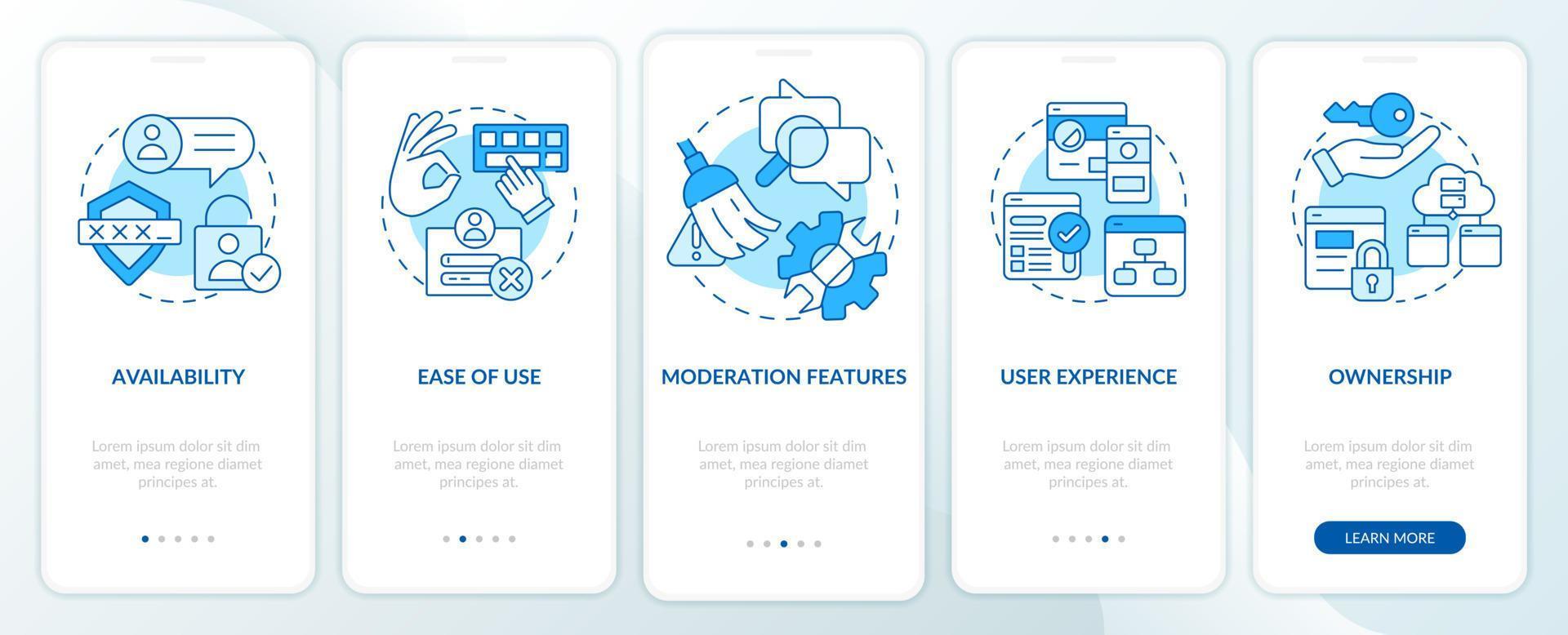 la plataforma de comentarios presenta una pantalla de aplicación móvil de incorporación azul. tutorial 5 pasos instrucciones gráficas editables con conceptos lineales. interfaz de usuario, ux, plantilla de interfaz gráfica de usuario. vector