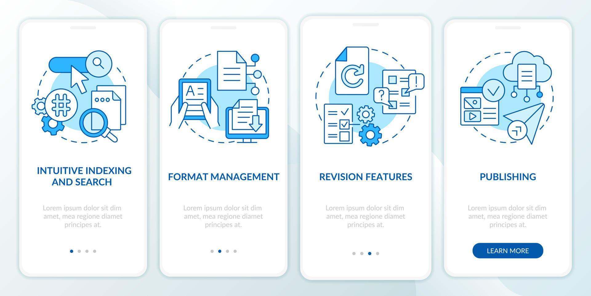 Content management system attributes blue onboarding mobile app screen. Walkthrough 4 steps editable graphic instruction with linear concepts. UI, UX, GUI template. vector