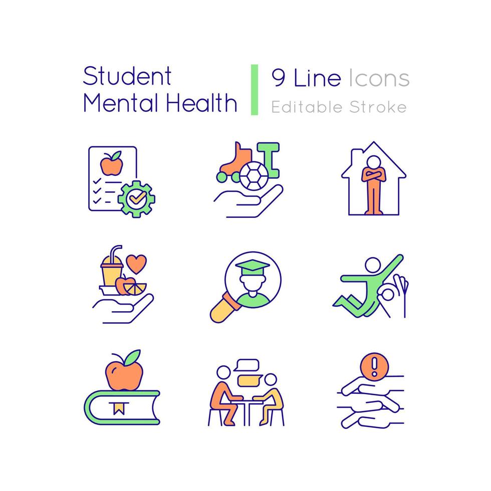 Student mental health RGB color icons set. Comfortable learning environment. Isolated vector illustrations. Simple filled line drawings collection. Editable stroke.