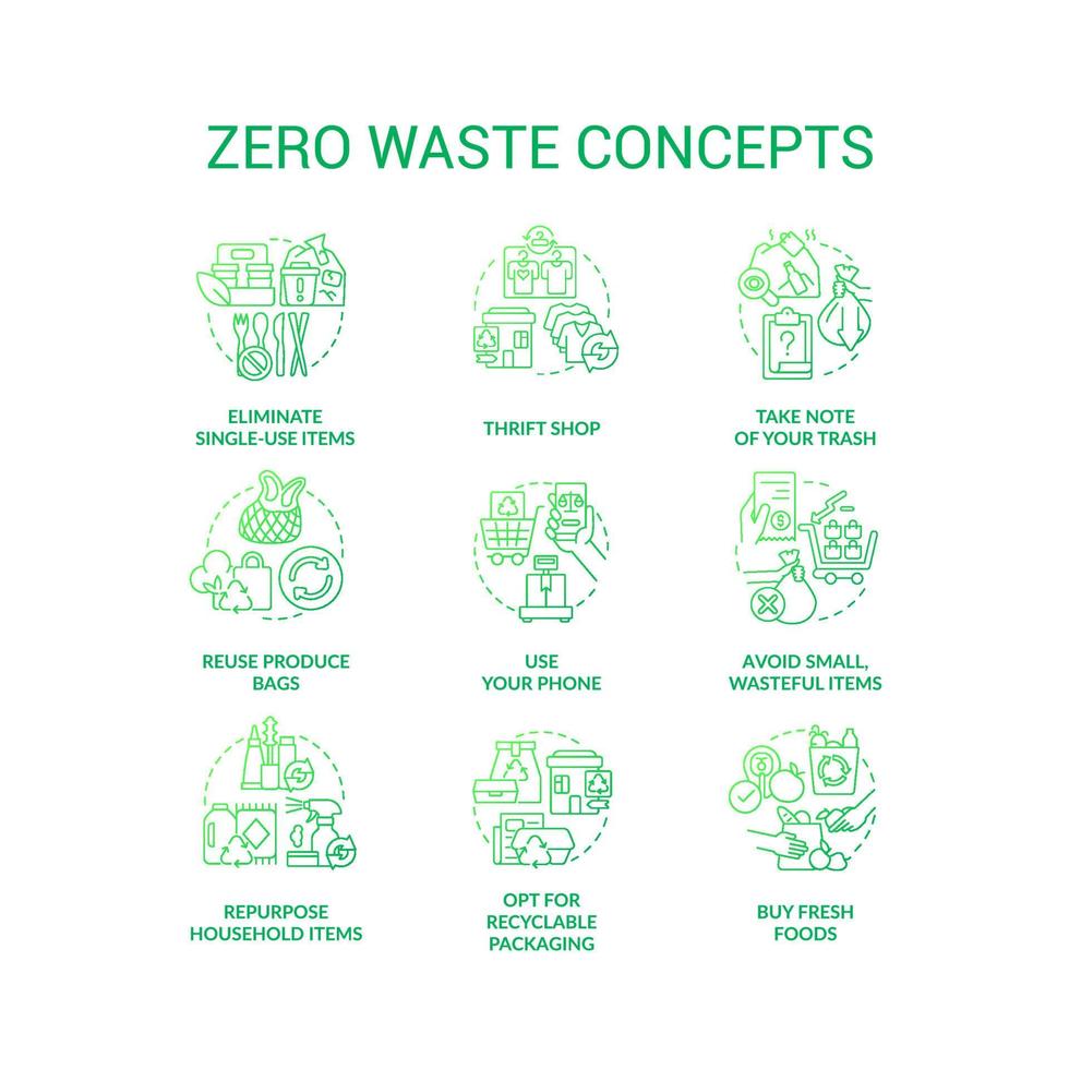 Conjunto de iconos de concepto de degradado verde sin residuos. prácticas de reutilización y reciclaje idea ilustraciones en color de línea delgada. reutilizar artículos para el hogar. símbolos aislados. vector
