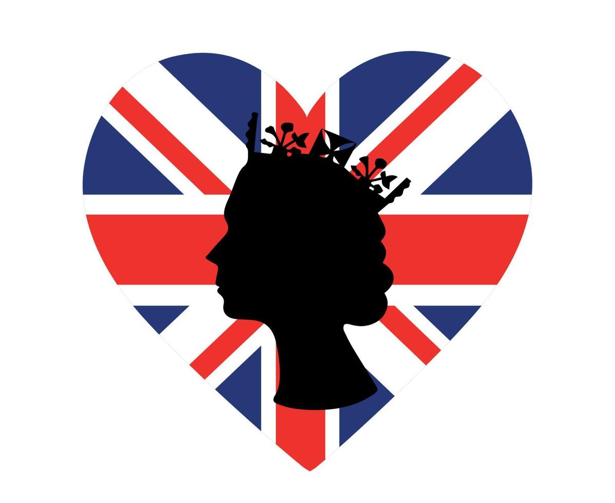 cara de reina isabel negra con bandera británica del reino unido emblema nacional de europa icono de corazón ilustración vectorial elemento de diseño abstracto vector